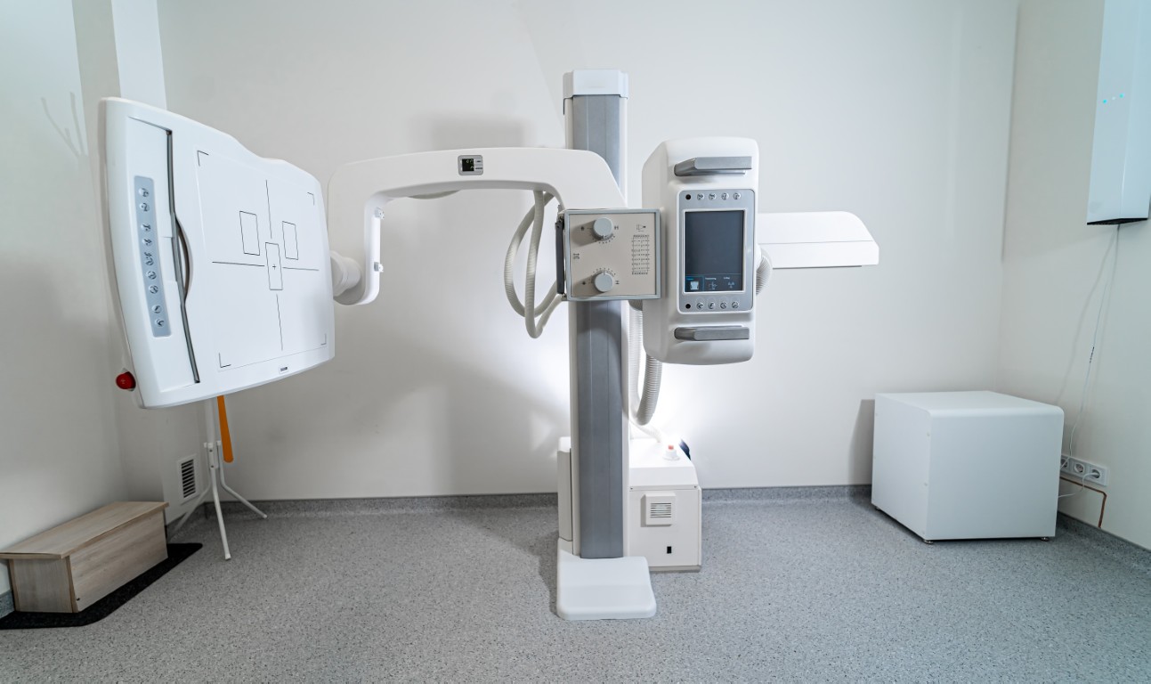 X ray equipment in modern clinic. Up to date apparatus. Selective focus. Closeup.